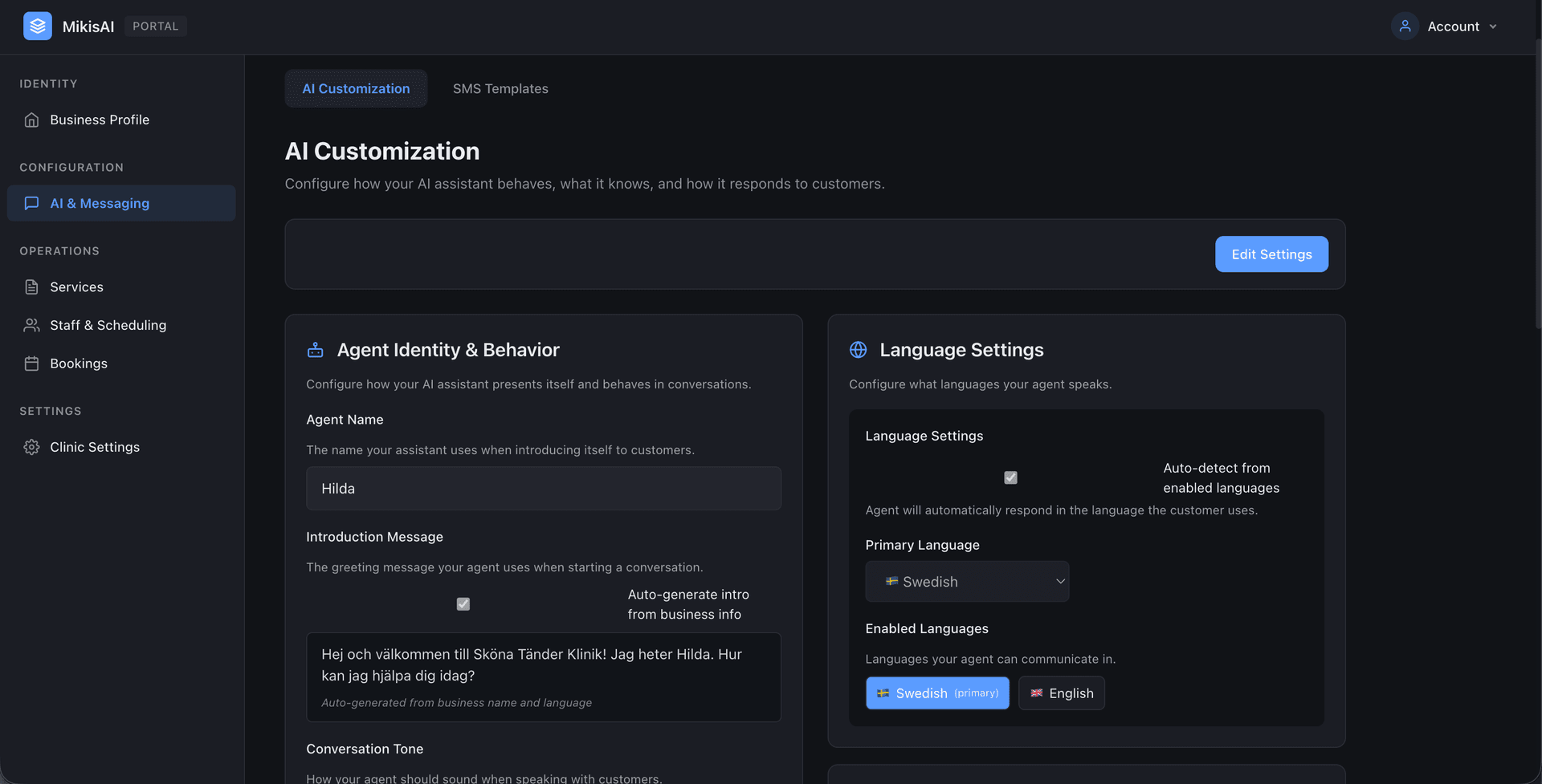 MikisAI-portal med AI-anpassning och språk för svenska och engelska
