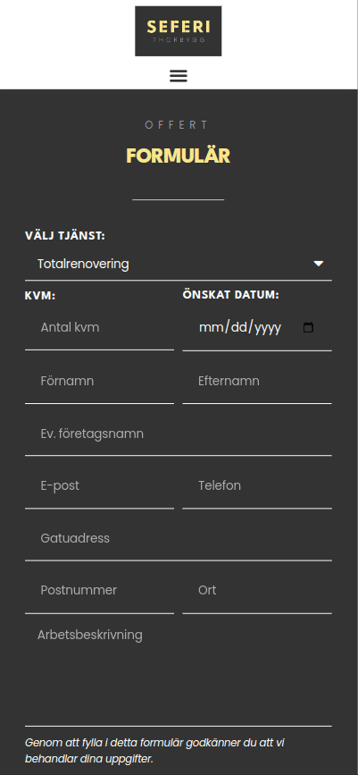 ThorBygg AB - Mobile View of Contact Form