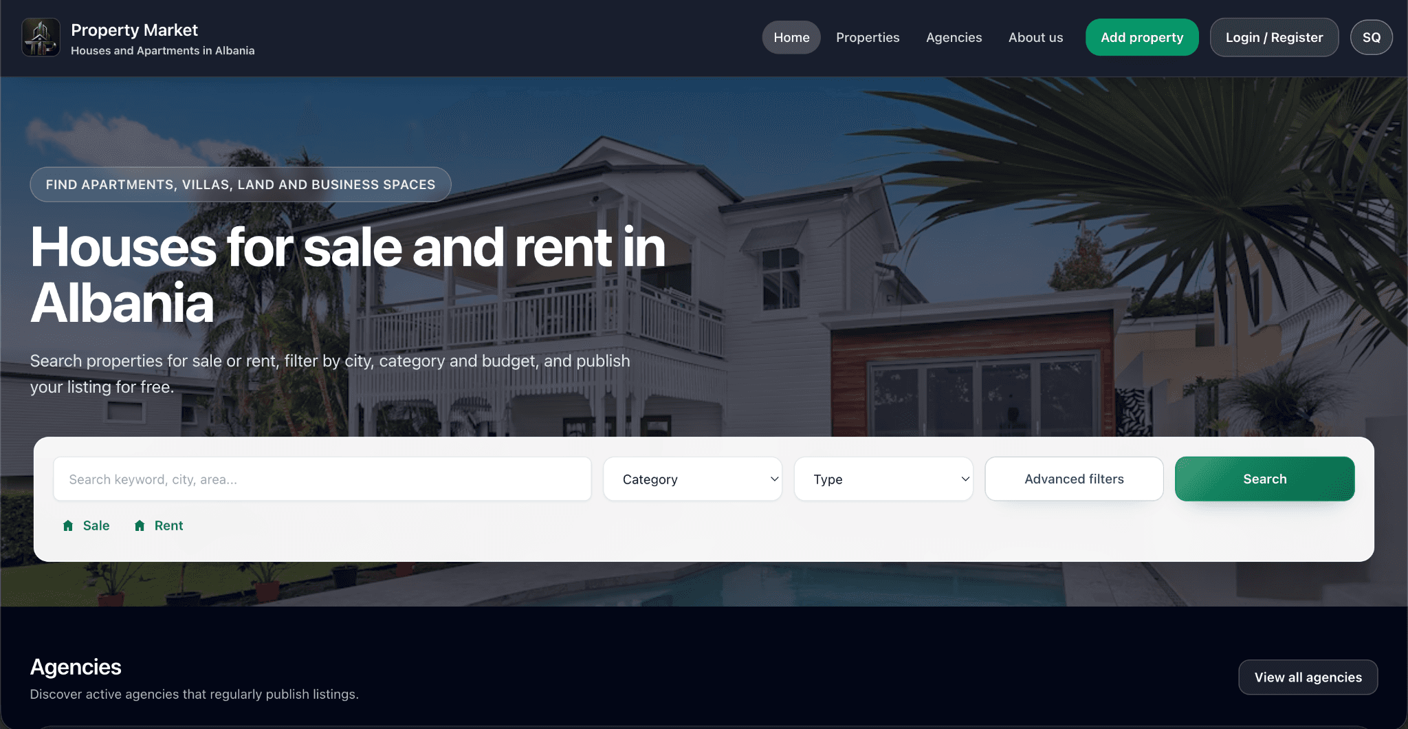 Tregu i Pronave real-estate marketplace homepage with property search and agency discovery