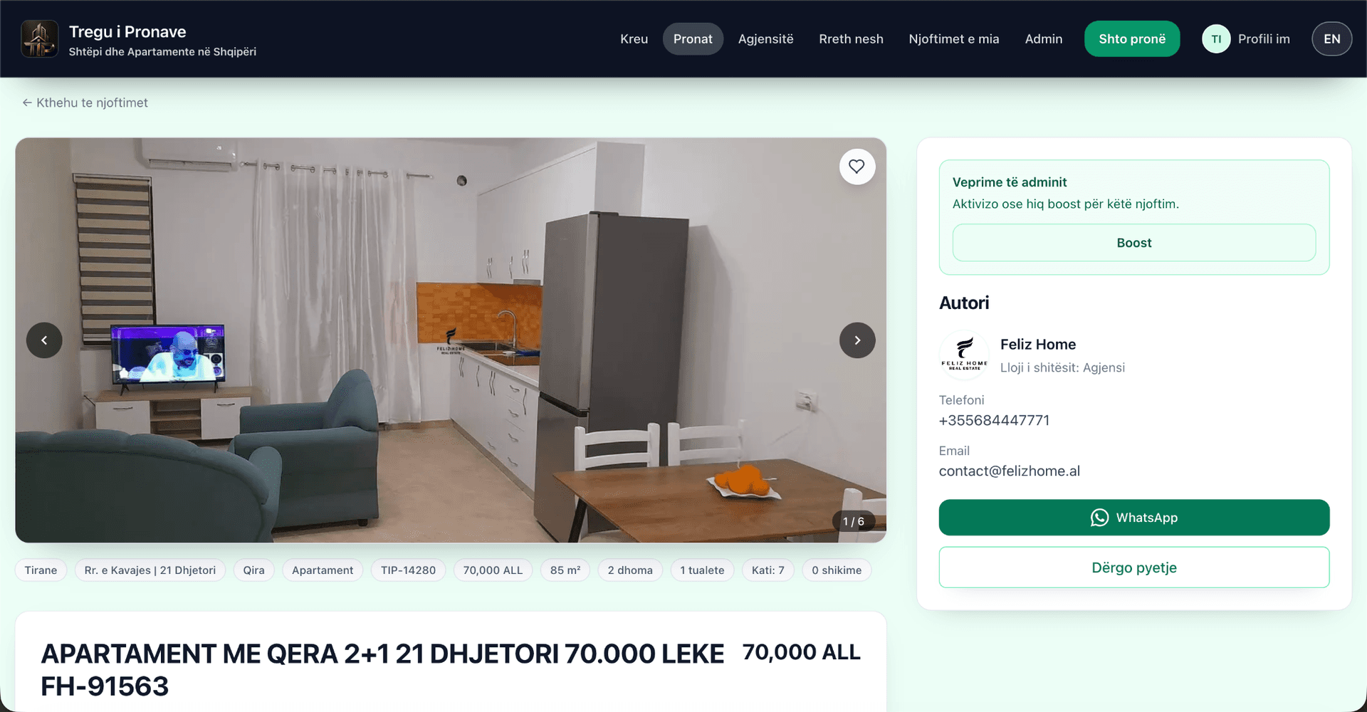 Tregu i Pronave property detail page with image gallery, listing attributes, publisher profile and enquiry options