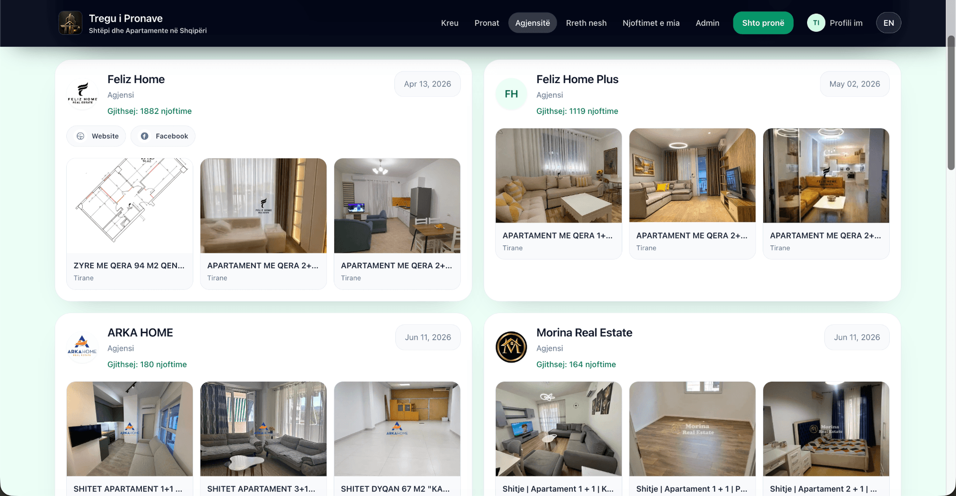 Tregu i Pronave agency directory with public agency profiles and listing previews