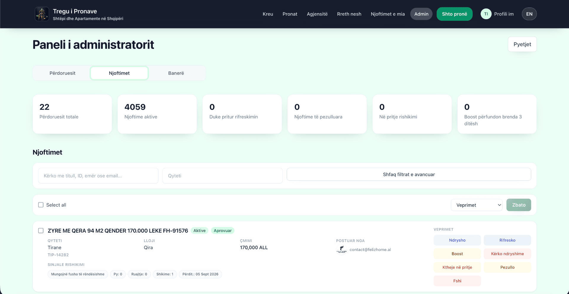 Tregu i Pronave administration dashboard with platform statistics, listing moderation and bulk operations