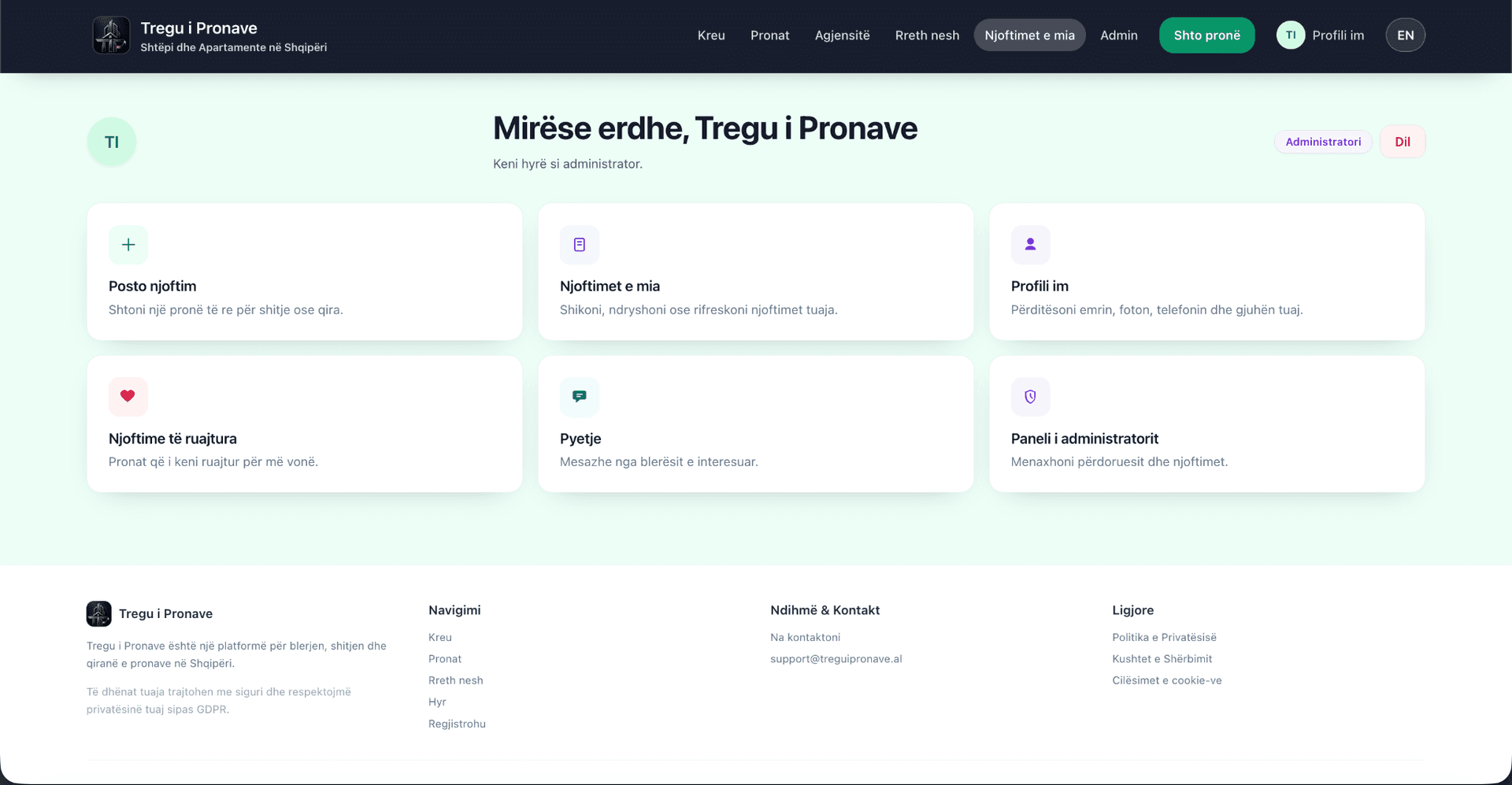 Tregu i Pronave authenticated workspace with listing, profile, saved-property and enquiry navigation