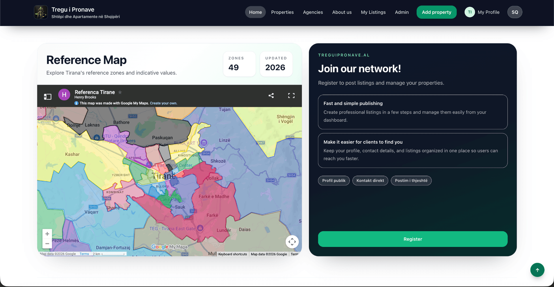 Tregu i Pronave Tirana reference map with location zones and publisher onboarding