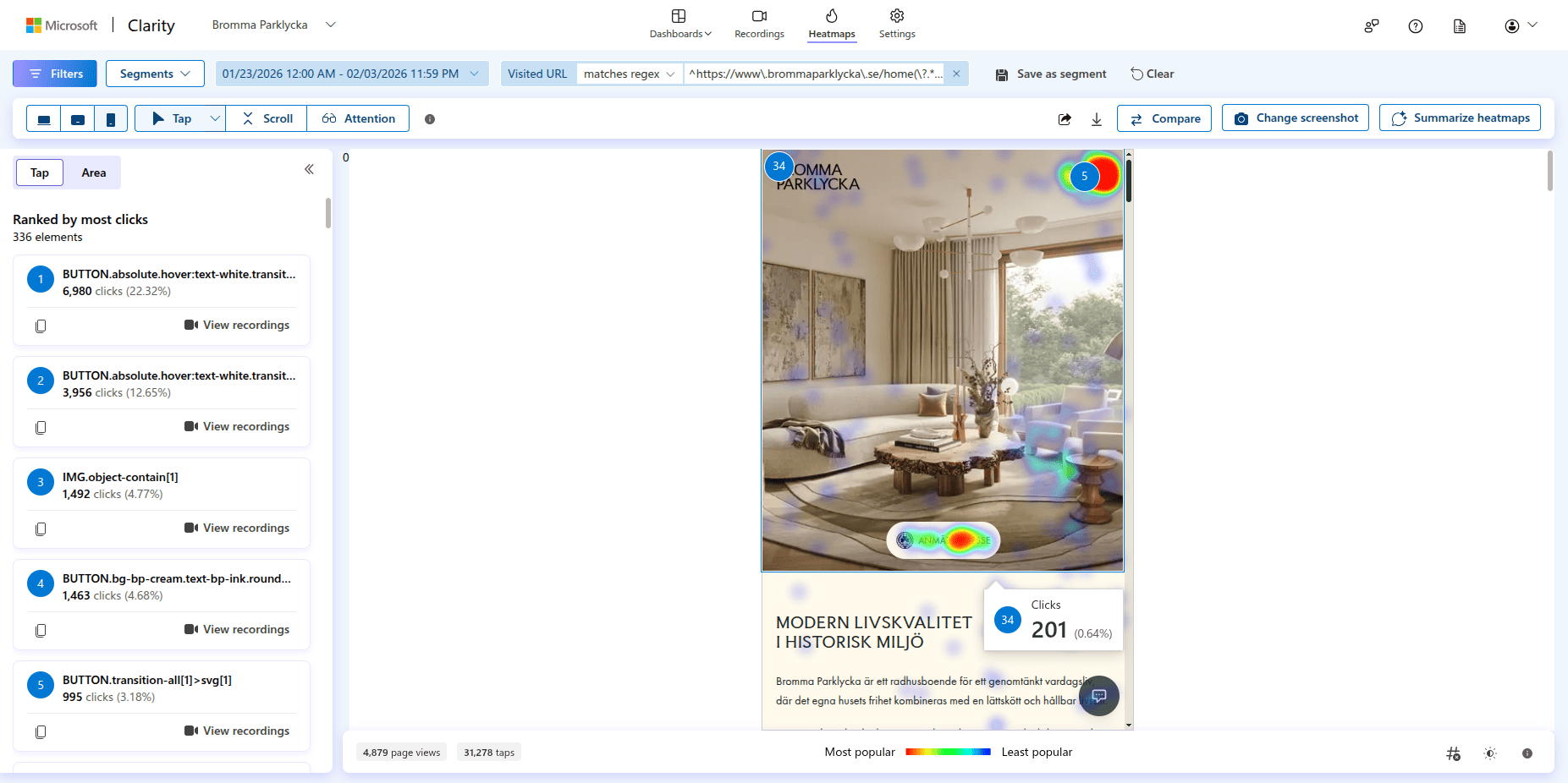 Microsoft Clarity heatmap showing user clicks on the landing page