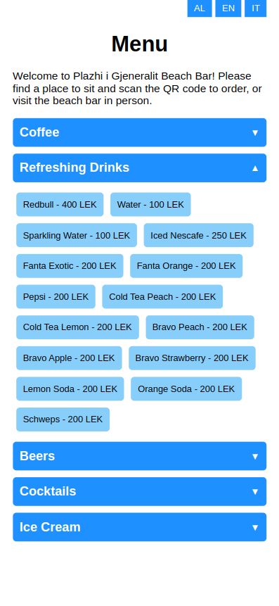 Beach Bar Ordering System - Customer UI