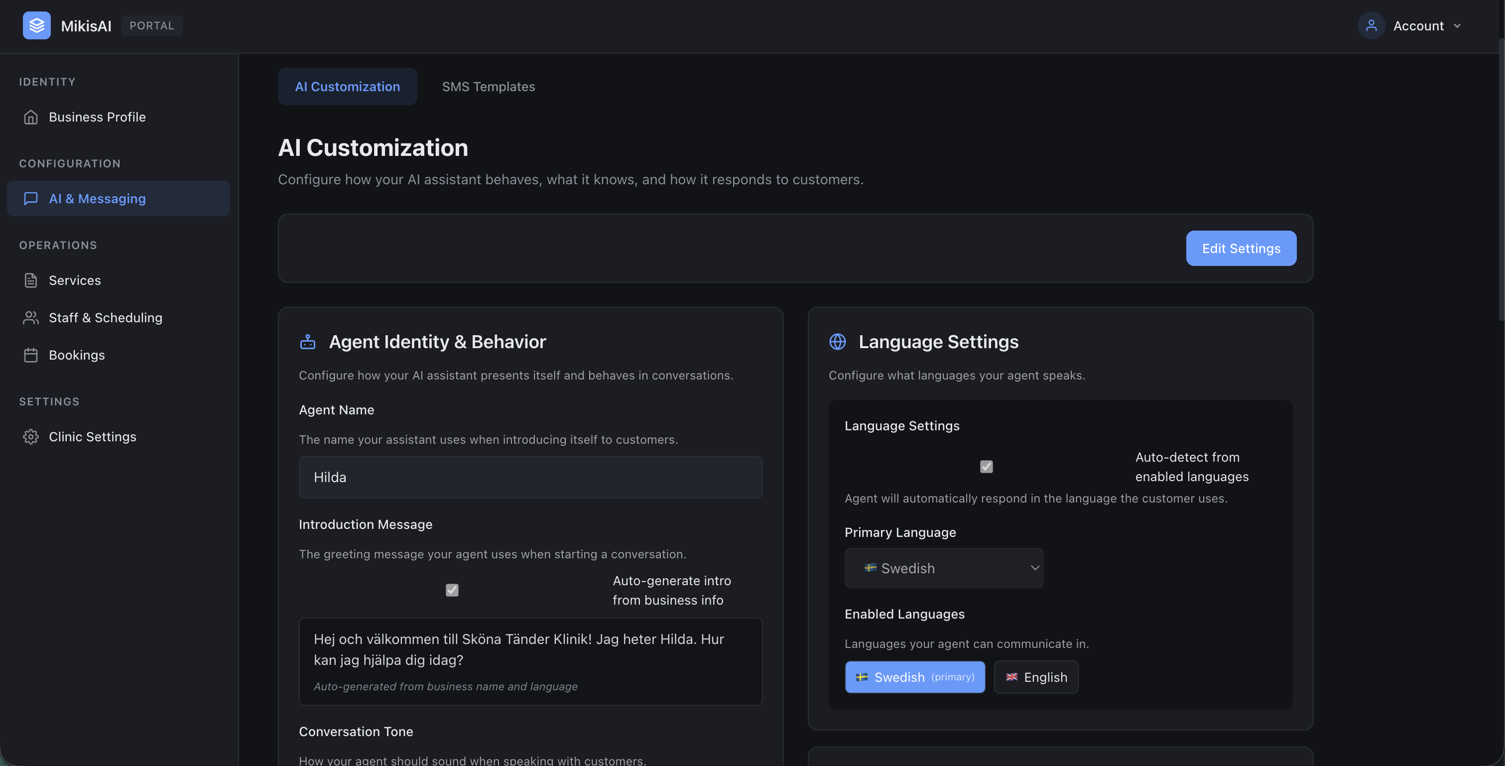 MikisAI portal showing AI customization and Swedish and English language settings