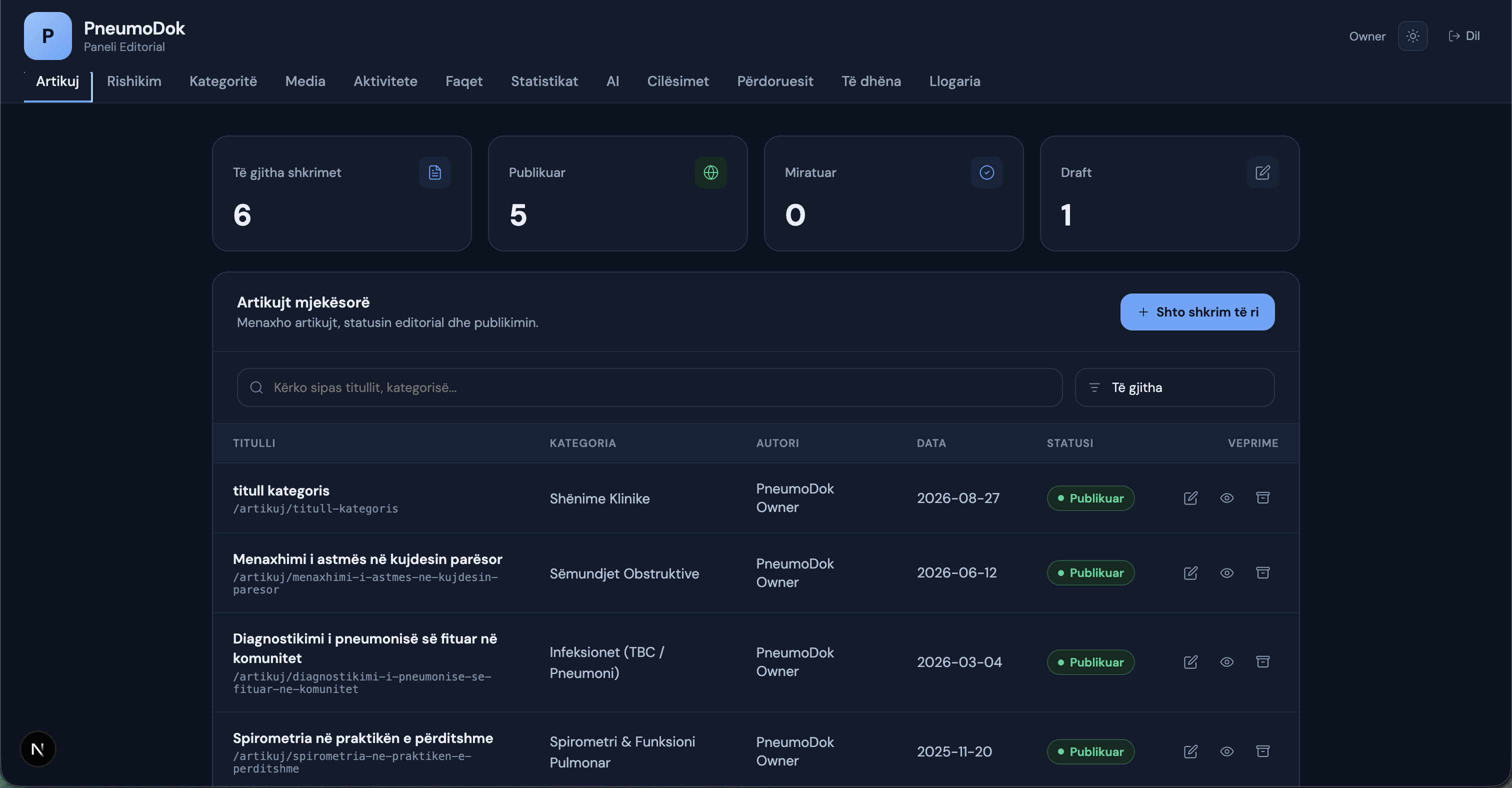 PneumoDoks redaktionella dashboard med artikelflöde