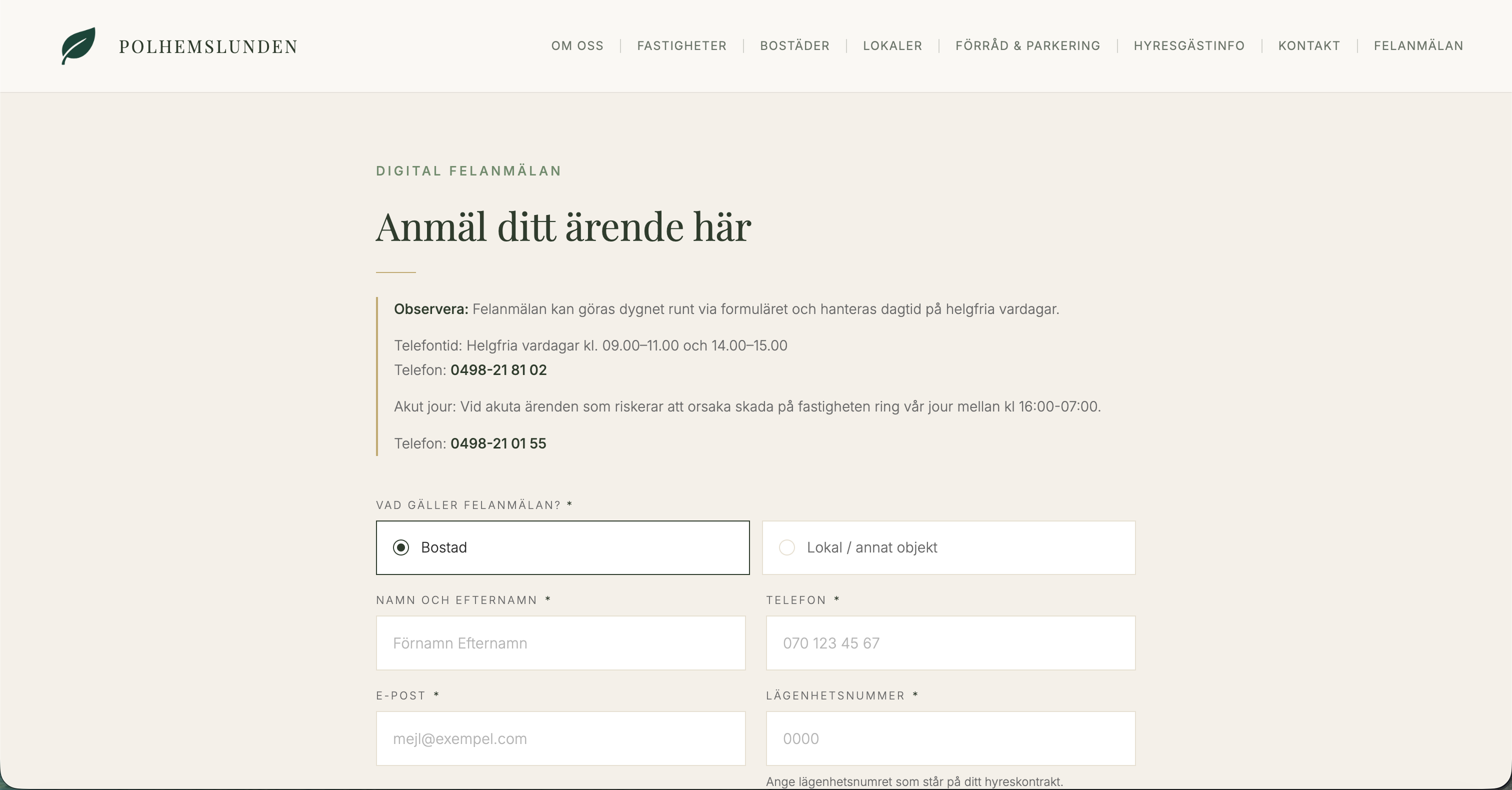 Polhemslunden digital fault report form