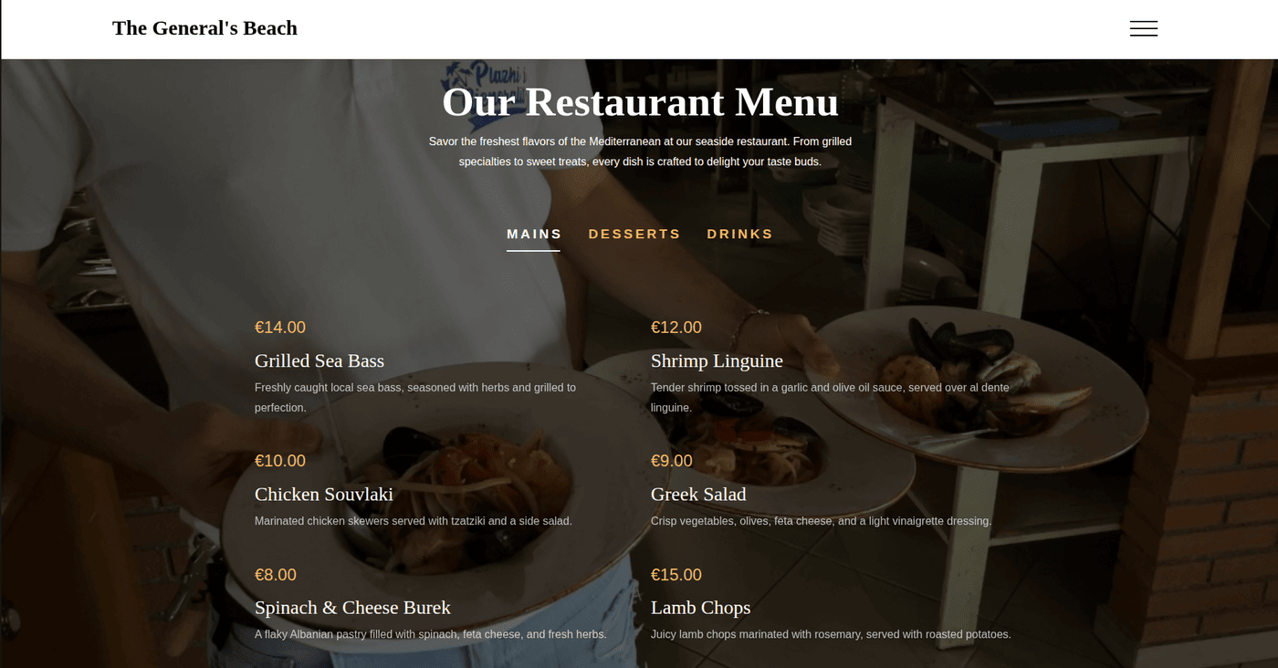 The General's Beach - Restaurant Menu